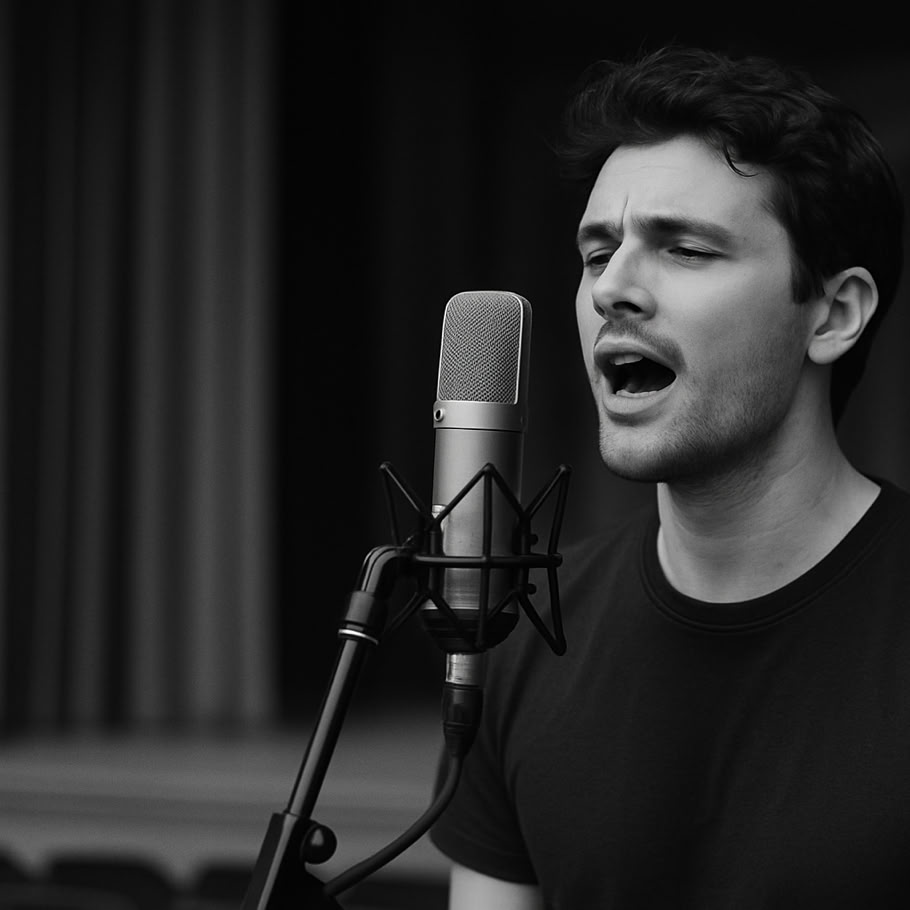 Two engineers working together to set up microphones in a sound studio for testing and recording.